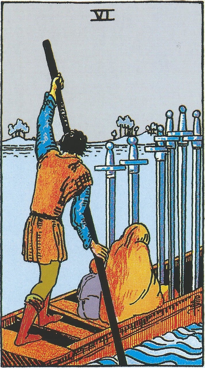 The Six of Swords. A somber, watery, moving away from what was. We bring what we can.